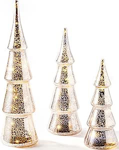 LampLust Mercury Glass Christmas Tree Decoration - Set of 3 Assorted Trees with Fairy Lights, 10 ... | Amazon (US)
