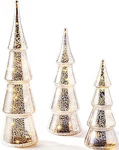 LampLust Mercury Glass Christmas Tree Decoration - Set of 3 Assorted Trees with Fairy Lights, 10 ... | Amazon (US)
