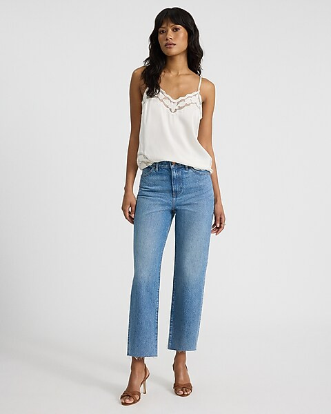 High Waisted Light Wash Raw Hem 50/50 Rigid Stretch Straight Ankle Jeans | Express