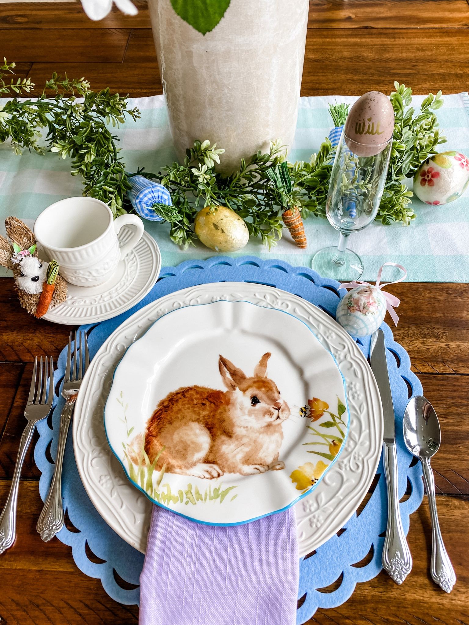 Spring and Easter table place settings! Charger placemat bunny dishes flatware champagne glasses greenery garland decorative eggs carrots bunnies etc 

#LTKhome #LTKSeasonal