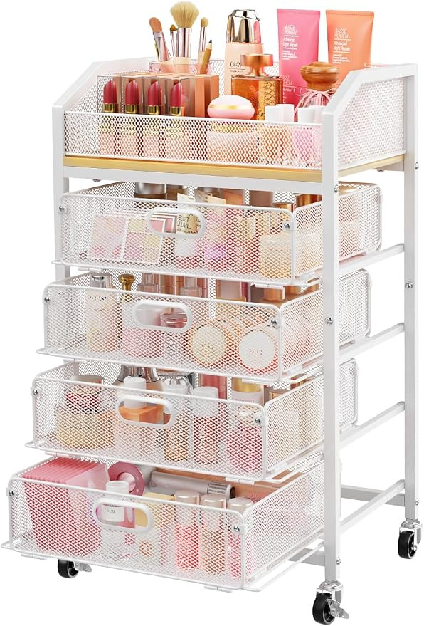 SUNALLY Rolling Makeup Cart with Drawers, Rolling Vanity Nail Cart, White | 5-Tier Metal Floor Be... | Amazon (US)