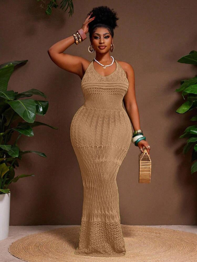 Slaydiva Plus Size Backless Halter Neck Solid Color Casual Knit Dress | SHEIN