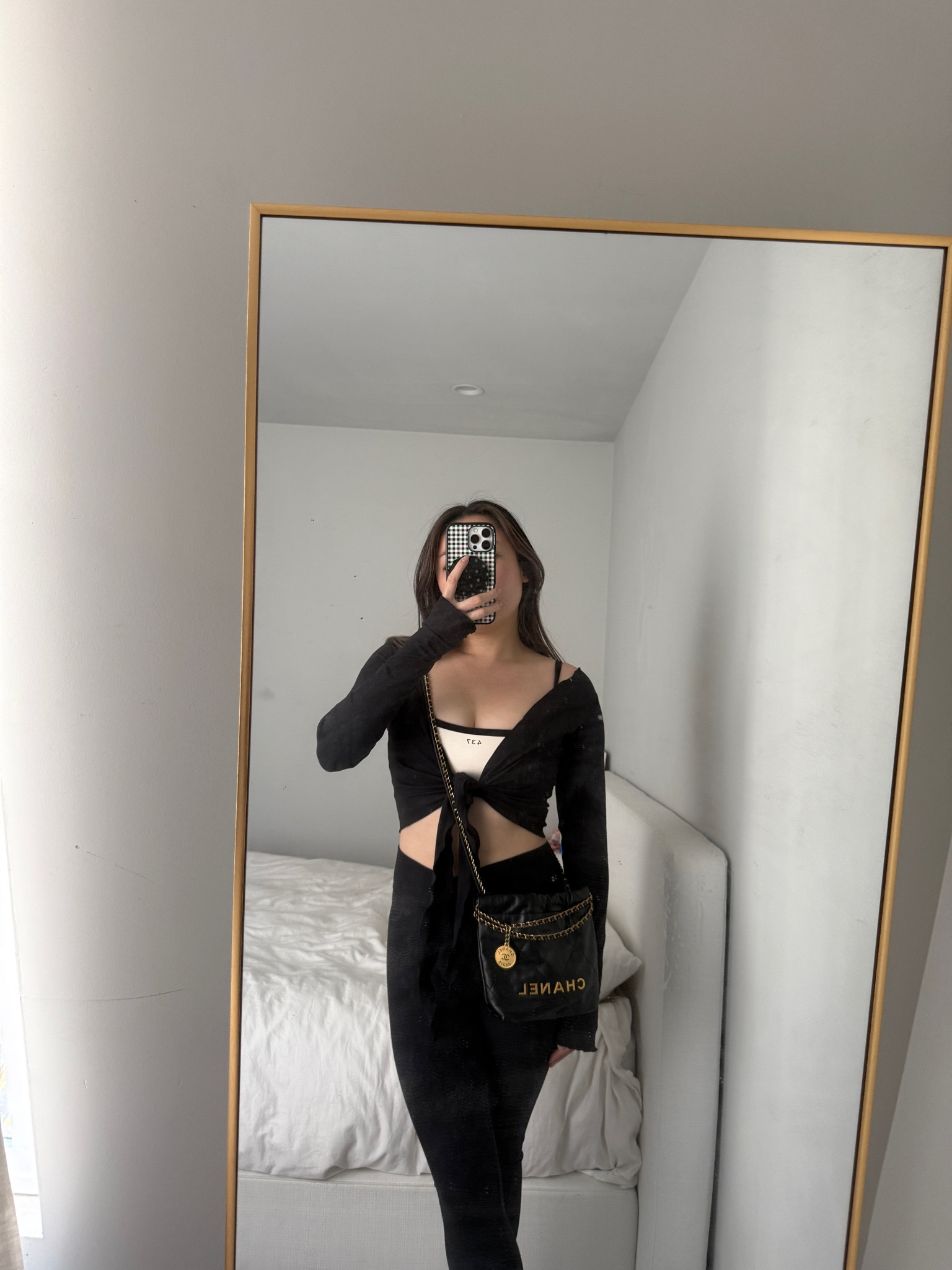 Small in bra, medium in wrap top, and medium in bottoms