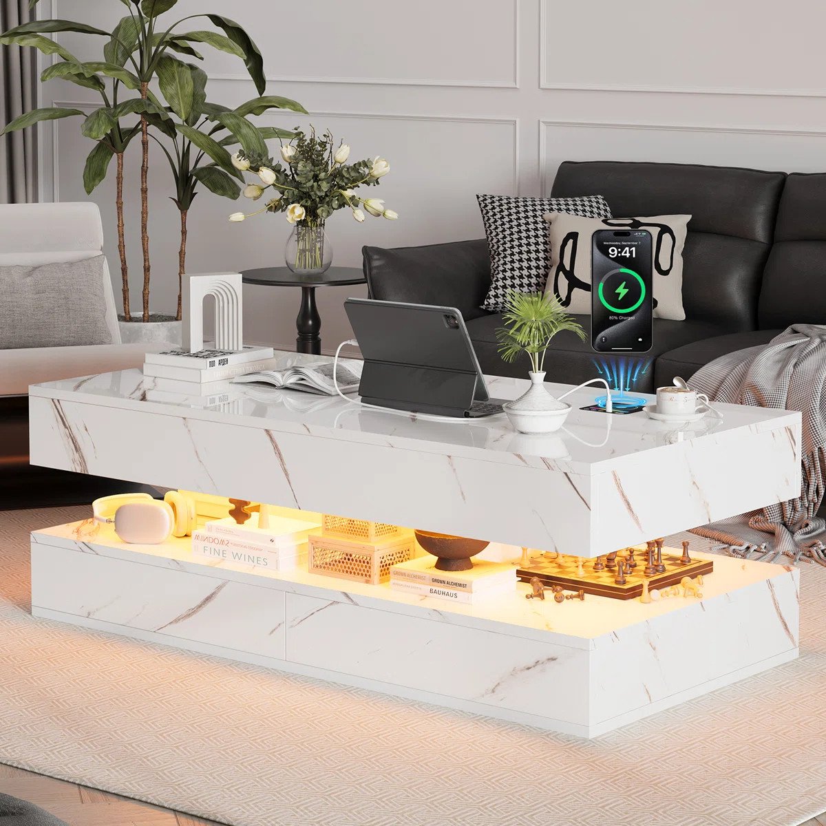 47-Inch Large High-Glossy LED Coffee Table, Modern Coffee Table With 2 Sliding Drawers, Wireless ... | Wayfair North America