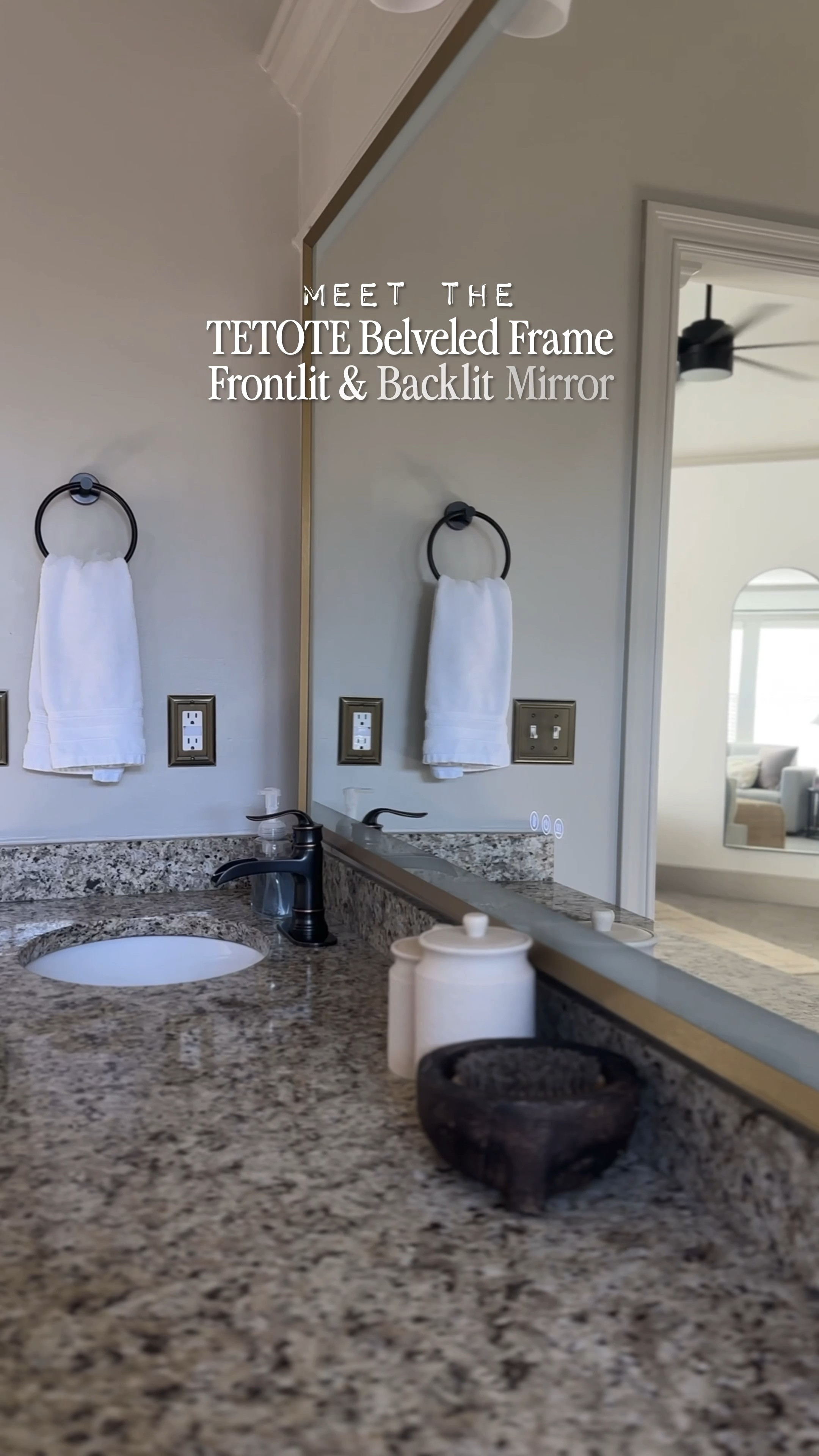 Today I am sharing a space in our home that I have never shared before; the primary bathroom! 

Several months ago our mirror suddenly detached from the wall & smashed to the ground… shattering every where! 😱Thankfully no one was in the room at the time & no one was injured! 

This quickly threw me into project “bathroom remodel” a little sooner than we had anticipated.   So, I set out determined to make impactful changes to the space while staying on a tight budget.  

The most impactful finishing touch goes to the gorgeous @tetotehome “Beveled Frame Frontlit & Backlit Mirror.”  This mirror truly does it all.  I chose the 71” x 30” in the Gold finish.  

Additional changes I made to the space: 
✔️ Full bathroom paint job. I color drenched the space matching the ceiling, doors, and trim to the wall color. This helped pull the eyes up and to keep them moving… which ended up making the smaller space ultimately feel bigger. (I chose a color I had on hand from another space to save on $)  
✔️I painted the vanity; changing it from a warm white to a darker earthy tone. I also changed the vanity hardware to an antique brass finish; which pairs absolutely beautifully with the dark paint. 
✔️ I added tongue & groove boards to section behind the mirror; adding a nice detail that is accentuated by the @Tetotehome backlit mirror! 
✔️ I changed the vanity faucets, added a new light fixture, replaced the light switch covers and the added a new brass towel ring. 

#LTKSeasonal #LTKHome #LTKStyleTip