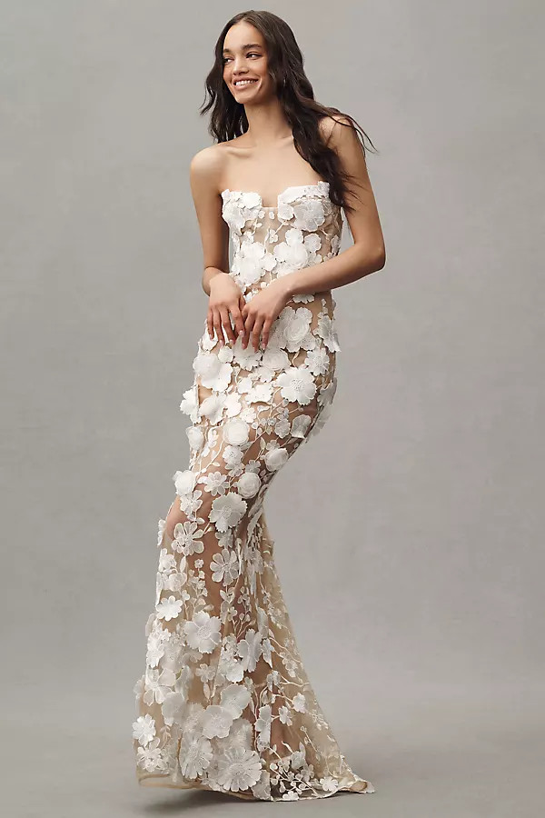 Bronx and Banco Jasmine Strapless Floral Appliqu\u00e9 Sheer Maxi Dress | Anthropologie (US)