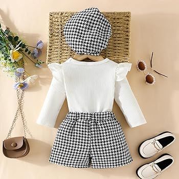 SHUING Toddler Girls Plaid Fall Outfits Sets Knitted Ribbed Long Sleeve T-Shirt Tops Plaid Tweed ... | Amazon (US)