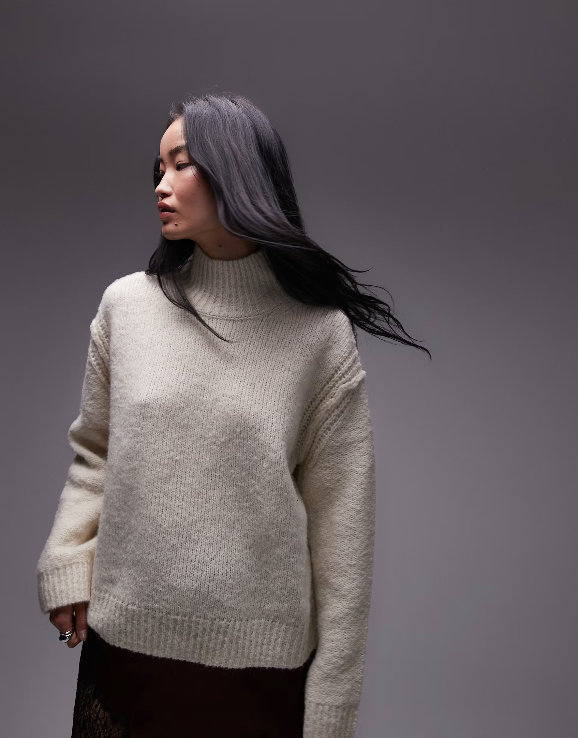 Topshop knitted seam stitch detail funnel relaxed jumper in ivory | ASOS | ASOS (Global)