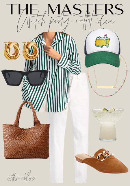 Master’s party, outfit idea! ⛳️💚🍹 masters outfit inspo 

Green and white striped blouse, white straight leg jeans, mules woven, leather bag, master trucker hat, and gold hoop earrings 💚

#LTKfindsunder50 #LTKstyletip #LTKsalealert