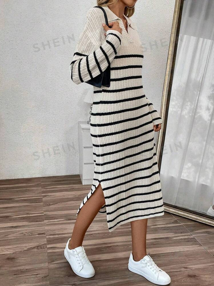 TrendsSHEIN Essnce Women's POLO Collar, V-Neck Striped Low Slit Long Casual Sweater Dress, Lounge... | SHEIN