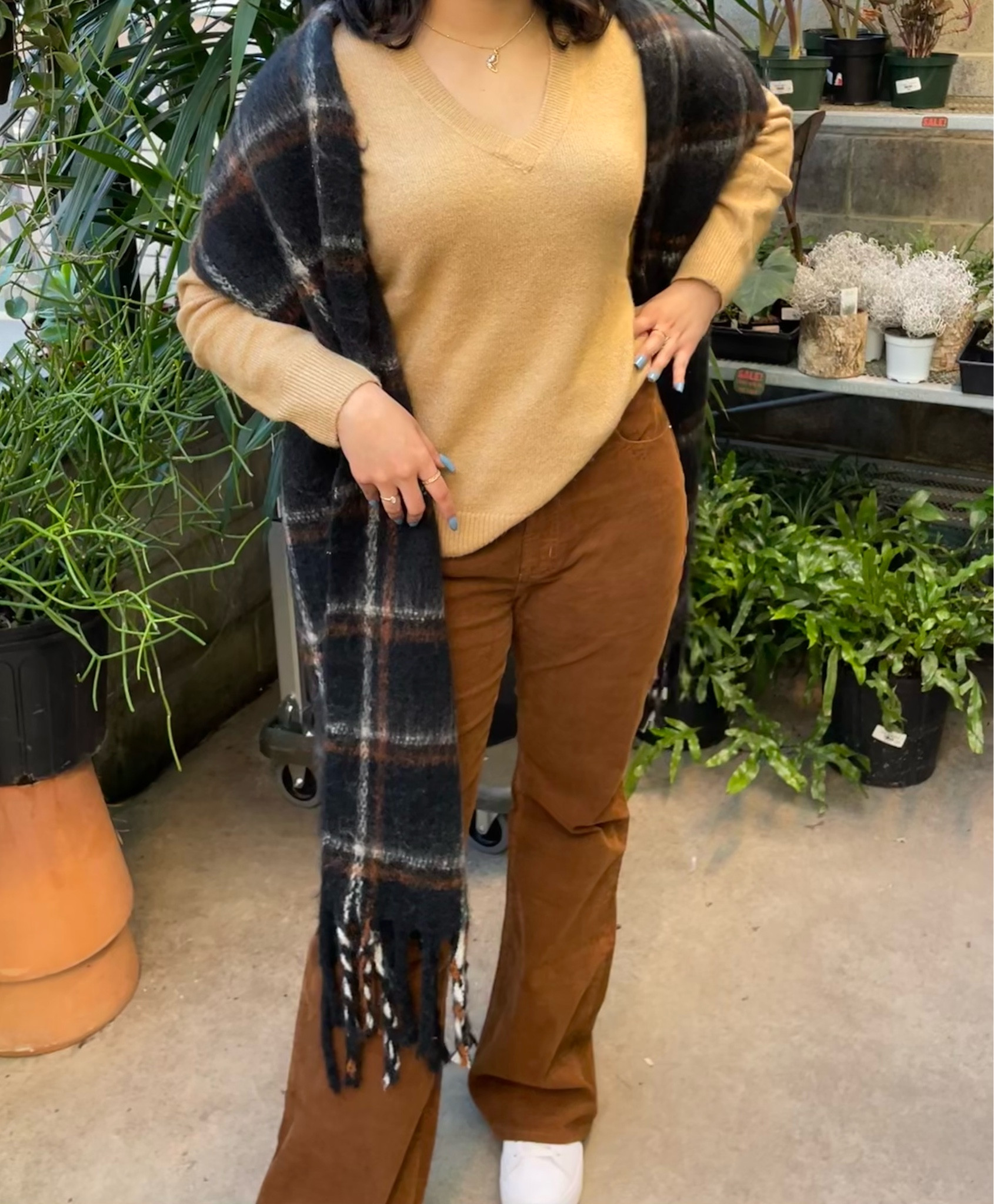 High rise brown corduroy women’s jeans vintage 90’s flared pants linen brown beige v-neck long sleeve sweater fall attire fall outfit warm layers women’s black and brown plaid thick fluffy scarf cubic zirconia butterfly necklace friendship pendant Wild Fable Gold jewelry Gap outfit

#LTKFind #LTKsalealert #LTKSale