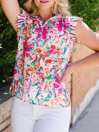 DOKOTOO Floral Print Ruffle Trim Mock Neck Blouse | SHEIN