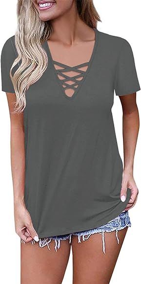 Ezbelle Women's Short Sleeve V Neck Shirts Criss Cross Top Basic T Shirt | Amazon (US)