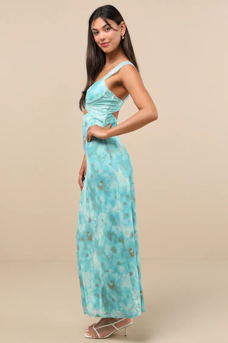 Endlessly Cute Teal Floral Mesh Cutout Lace Bustier Maxi Dress | Lulus