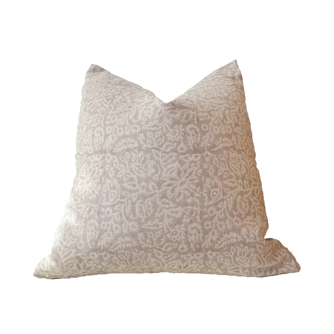 block print linen pillow covers. gray floral natural linen , both sides same.20x20” | Etsy (US)