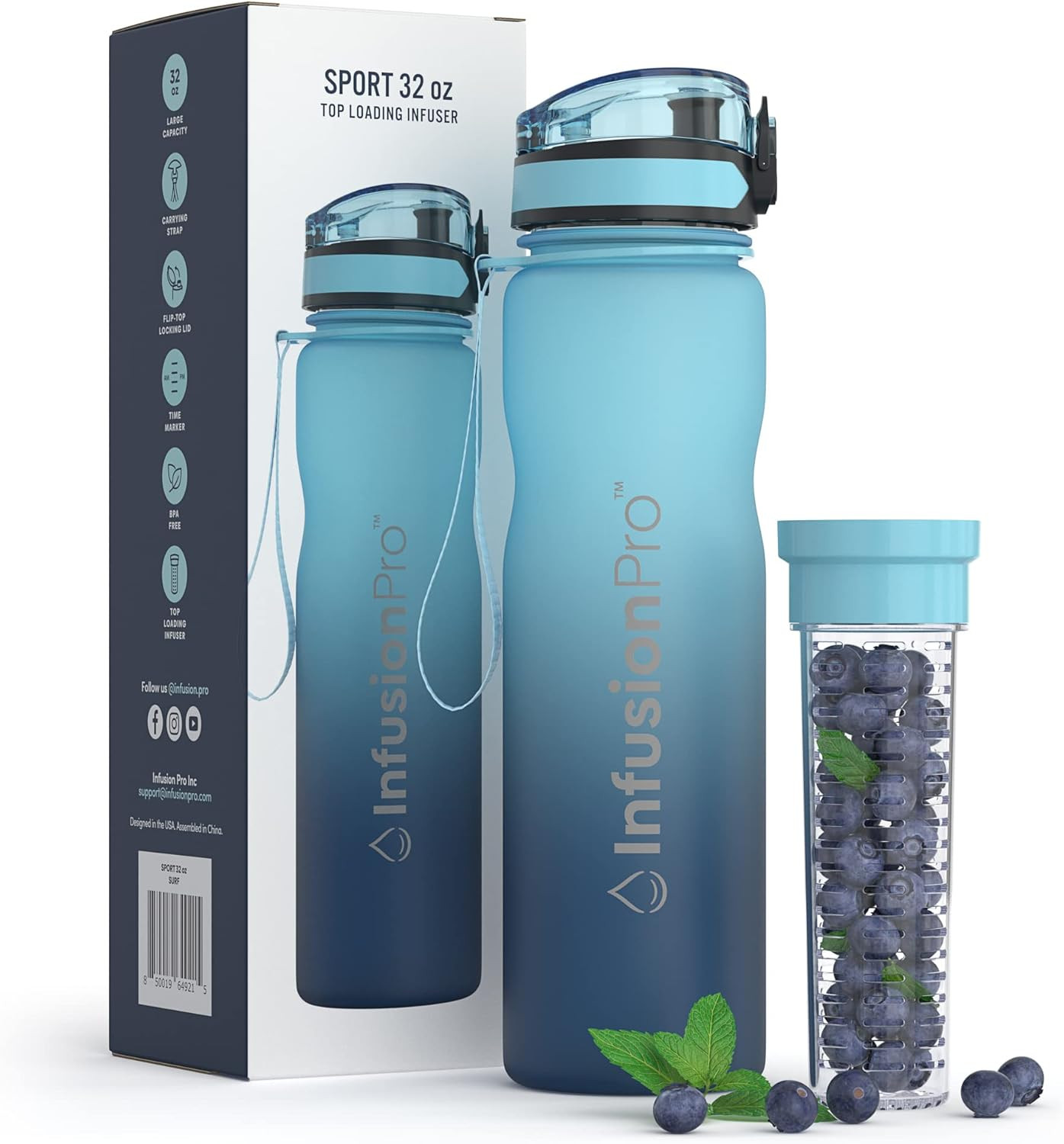 Infusion Pro 32 oz Fruit Infuser Water Bottle with Time Marker - Flip Top Locking Lid, Insulated ... | Amazon (US)