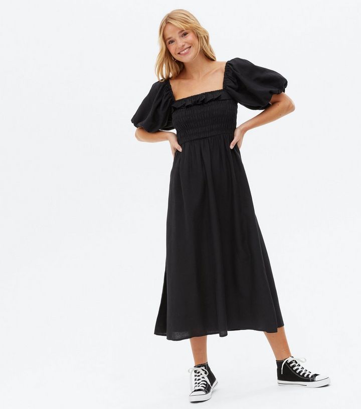 Black Linen-Look Frill Shirred Midi Dress
						
						Add to Saved Items
						Remove from Saved... | New Look (UK)