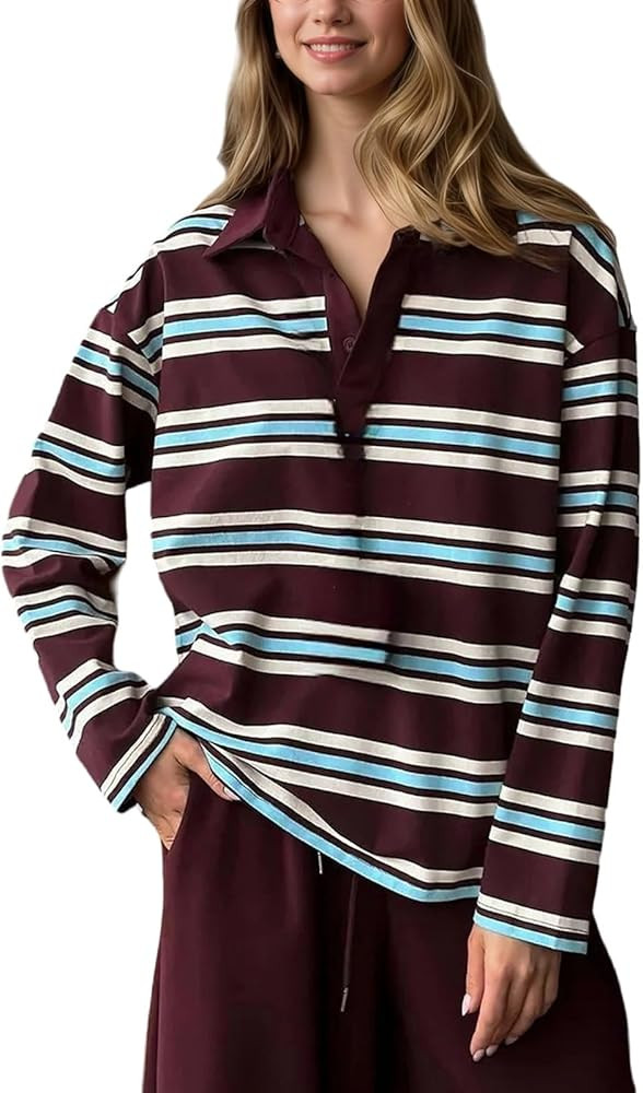 Lomehue Women Striped Rugby Shirts Y2K Vintage Collared Button Up Long Sleeve Polo Oversized Swea... | Amazon (CA)