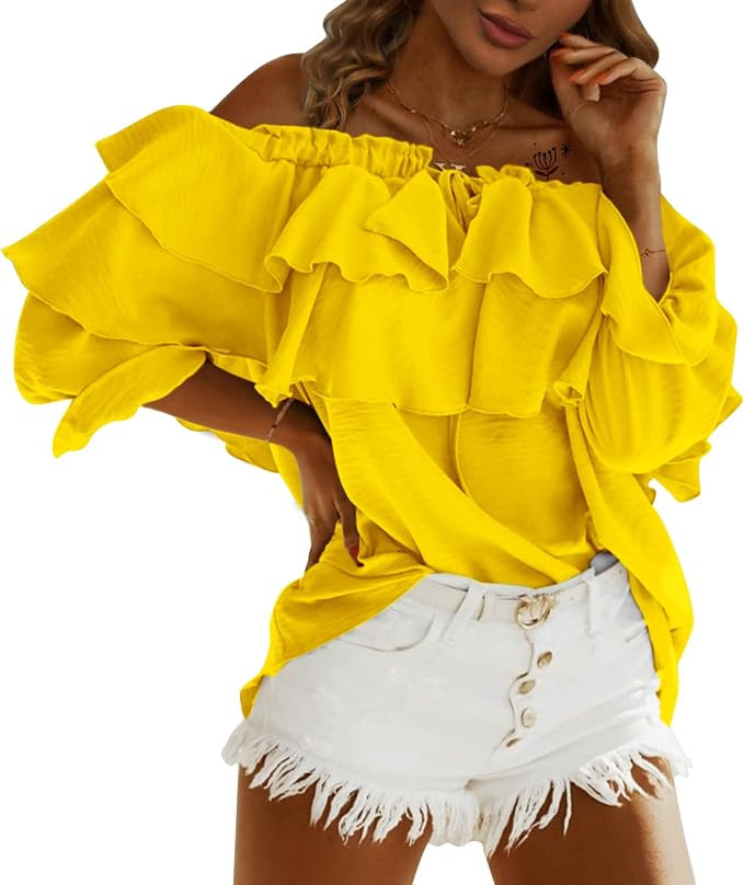 Byinns Women's Off Shoulder Ruffle Trendy Summer Fashion Long Sleeve Blouse Sexy Dressy Casual Ou... | Amazon (US)