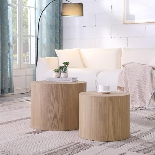 LyuHome Round Coffee Table Set of 2, Nesting Coffee Table and End Table Set Wood Small Circle Drum Side Table for Living Room Office, No Assembly,Wooden | Amazon (US)