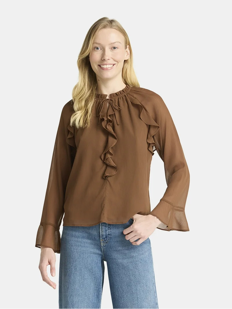 Time and Tru Women's Ruffle Blouse with Long Sleeves, Sizes XS-XXXL - Walmart.com | Walmart (US)