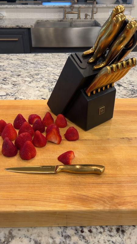 Beautiful gold knives in an elegant black block with shears and knife sharpener. What a way to elevate your culinary experience. #kitchenknives #amazonfind #amazonhome # amazonkitchen

#LTKHome