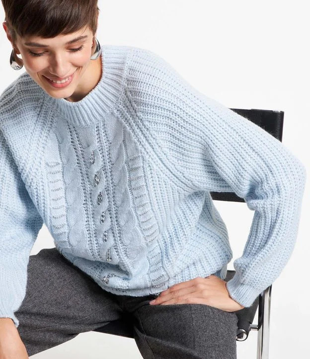 Suéter em Tricô com Texturas Trançadas Azul | Renner (BR)