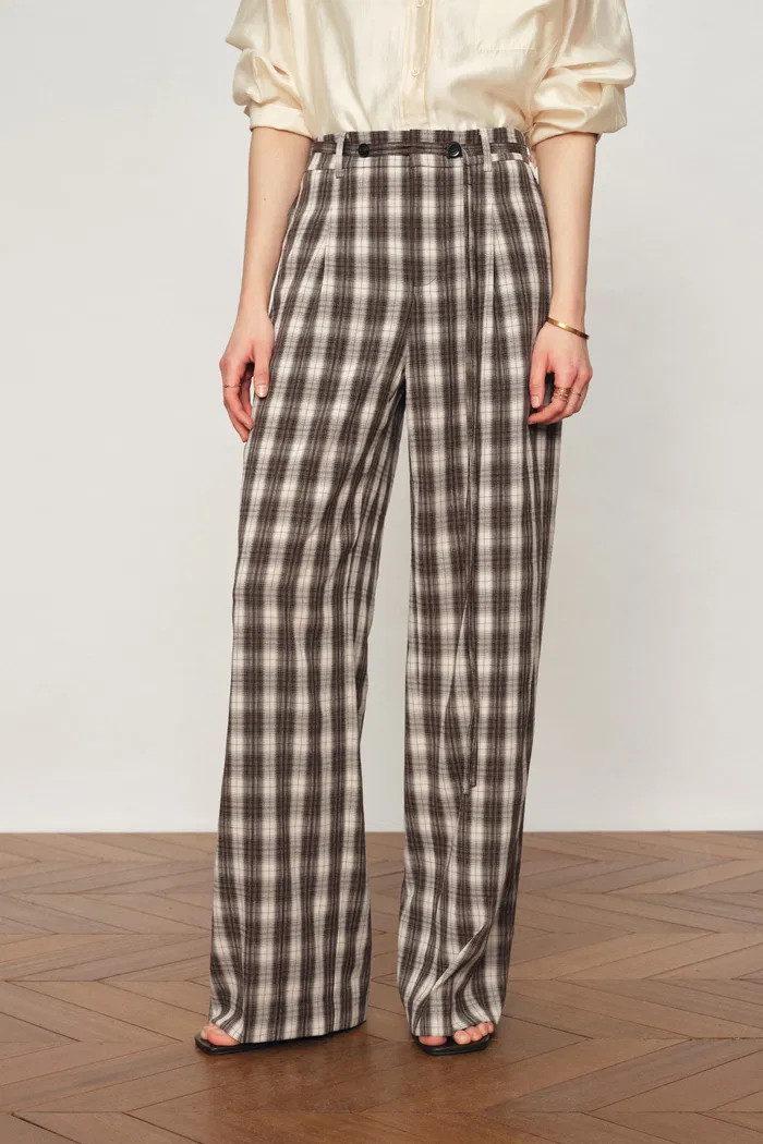 Joy Plaid Tie-Waist Straight Pants in Lightweight Plaid Fabric | Fabrique