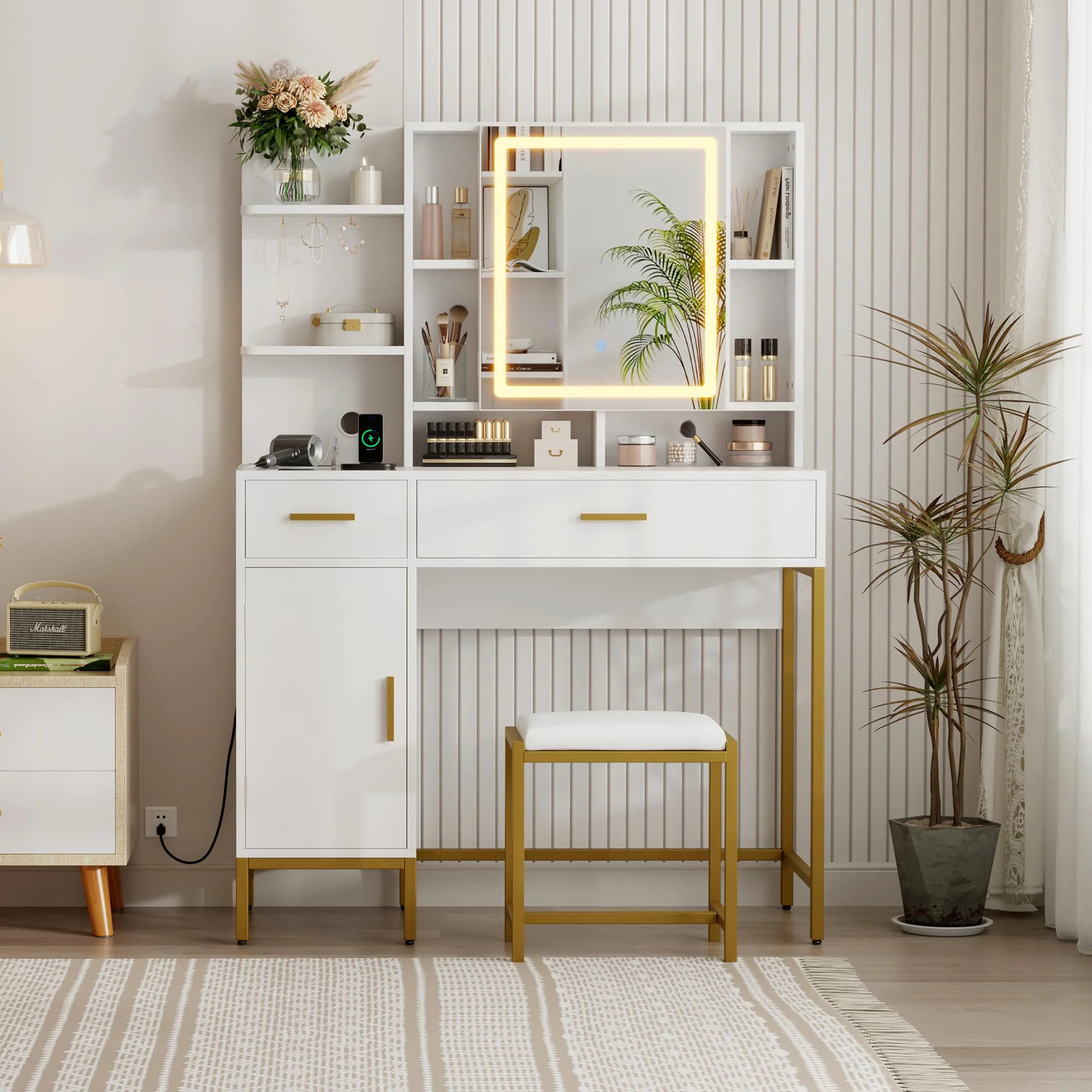 Garvee Vanity Desk with Lighted Mirror and Charging Station Makeup Vanity with Cushioned Stool one_size in White | SUN-PHO-160VYNTL | Lowe's