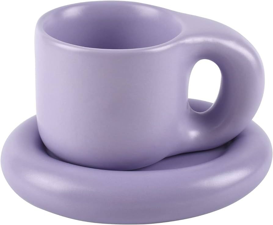 Koythin Ceramic Coffee Chubby Mug Saucer Set, Creative Cute Fat Handle Cup with Saucer for Office... | Amazon (US)