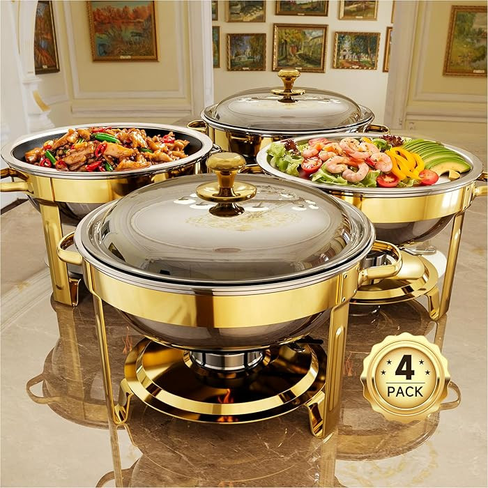 Chafing Dishes for Buffet, 4 Pack 5QT Round Stainless Steel Chafing Dish Set for Home Parties, Ch... | Amazon (US)