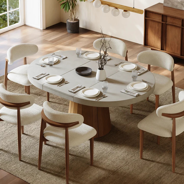 Japandi 39"–55" Extendable Round-to-Oval Wood Dining Table–Concrete Gray, Seats 4–6 | Homary