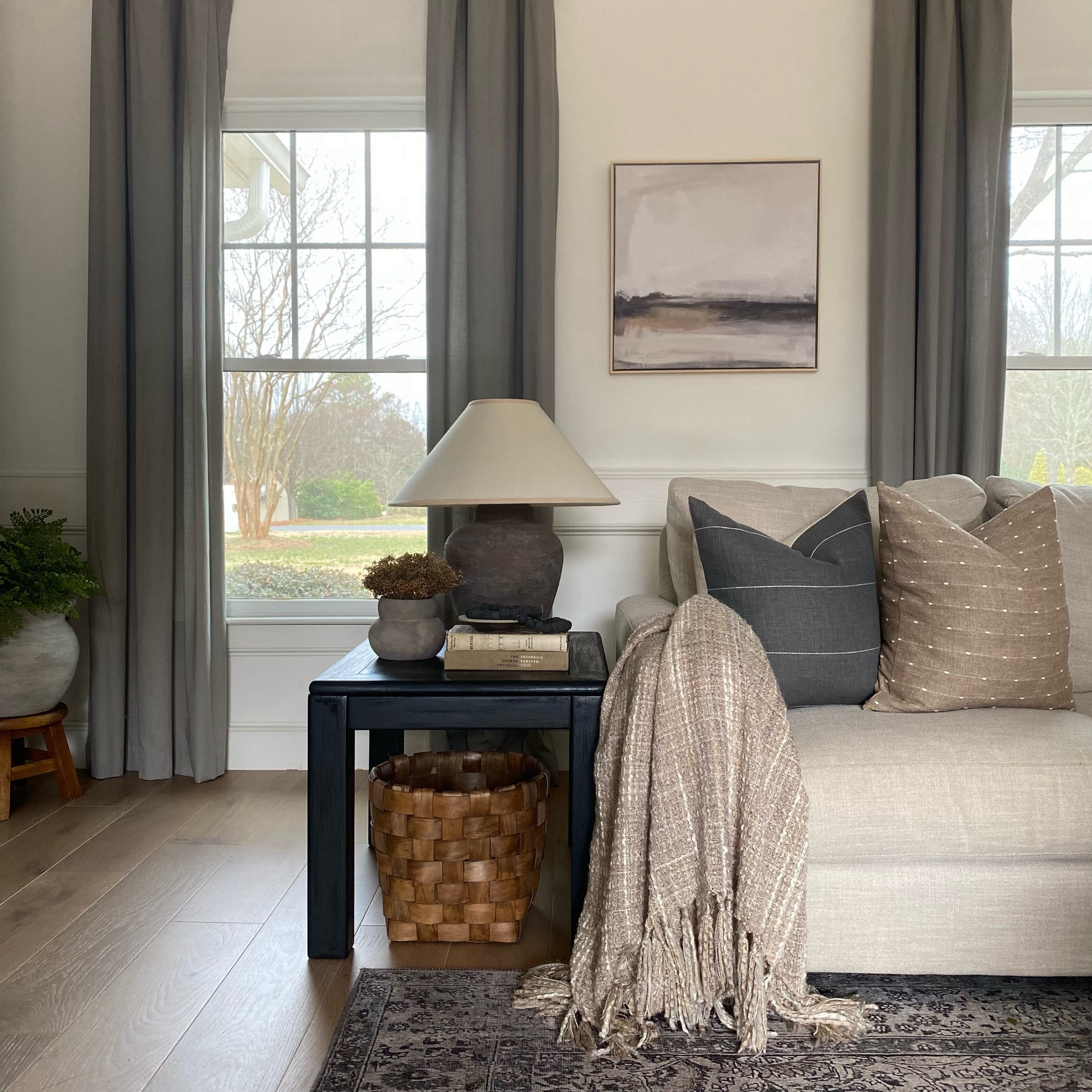 Living Room Decor | living room inspo | living room rug | living room pillows | loloi rug | blue rug | neutral rug | black end tables | brown lamp | gray curtains | basket | faux plant | living room art | transitional decor | couch | sofa 

#LTKhome #LTKfindsunder50 #LTKfindsunder100