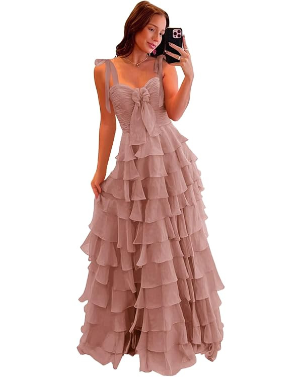 LORIE Spaghetti Straps Tiered Prom Dresses with Bow 2025 Long Ruffle Chiffon Formal Evening Ball ... | Amazon (US)