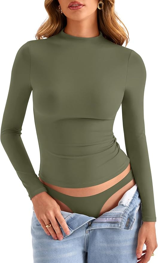 Womens Double Lined Mock Turtle Neck Long Sleeve Tops Slim Fitted Going Out Tops Basic T Shirts | Amazon (US)