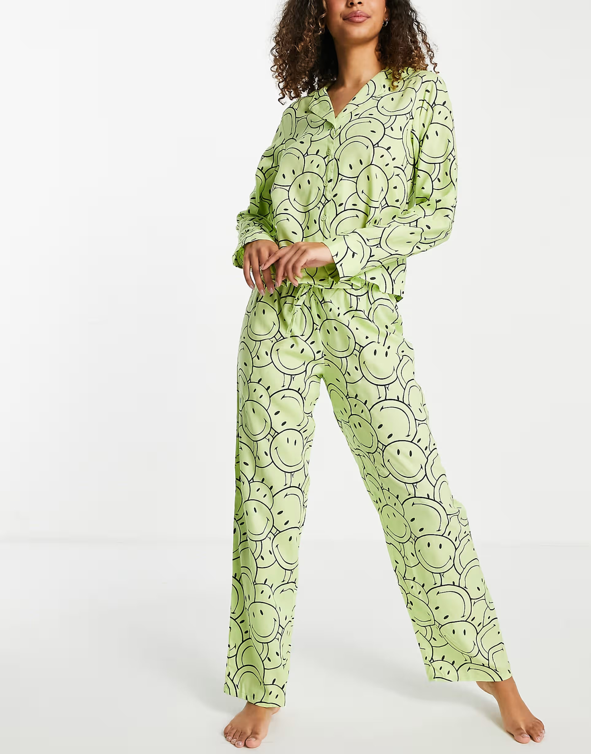 ASOS DESIGN smiley cotton long sleeve shirt & pants pajama set in lime | ASOS (Global)