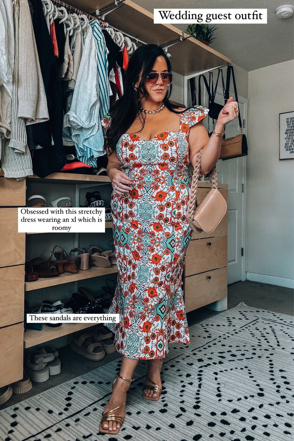Midsize wedding guest dress! 
Wearing an xl in this stretchy stunning dress which runs a little loose on me. 

Gold wedge sandals so comfy and stunning tts 

#LTKSeasonal #LTKmidsize #LTKwedding