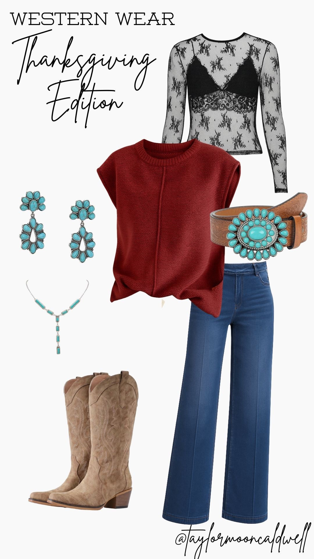 Western Wear Thanksgiving Edition 🤎🦃
Get the perfect fall western outfit with this curated holiday look! Featuring a rich burgundy sweater vest, sheer black lace top, wide-leg jeans with a flattering crease, turquoise statement earrings + necklace, a turquoise concho belt, and classic embroidered cowboy boots. This Thanksgiving outfit is stylish, comfortable, and full of modern cowgirl vibes — perfect for dinner with family, fall events, photos, or your next western night out.

western wear outfit, Thanksgiving outfit ideas, fall fashion 2025, cowgirl style, western boots, turquoise jewelry, sweater vest outfit, lace top outfit, wide leg jeans outfit, holiday style inspiration

#LTKHoliday #LTKootd #LTKSeasonal