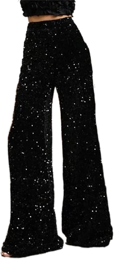 Alyweatry Women Sequin Bell Bottom Pants Glitter Sparkle High Waist Wide Leg Trousers Night Out C... | Amazon (US)