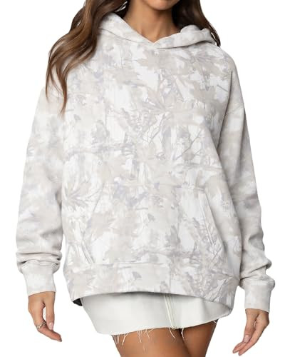 Anoumcy Oversized Light Camo Hoodie Womens Maple Leaf Print Hooded Sweatshirt Fleece Camouflage Hoodies For Women Trendy Grey XL | Amazon (US)