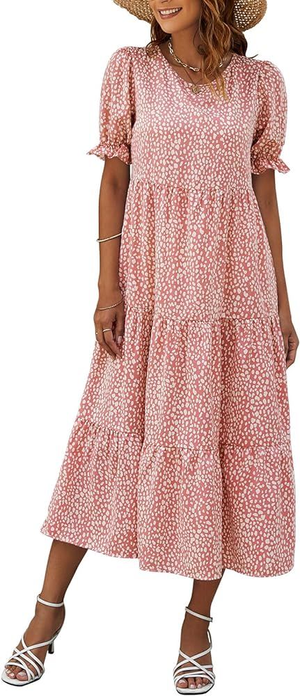 Naggoo Women's Summer Casual Boho Dress Floral Print Short Puff Sleeve Midi Beach Dresses | Amazon (US)