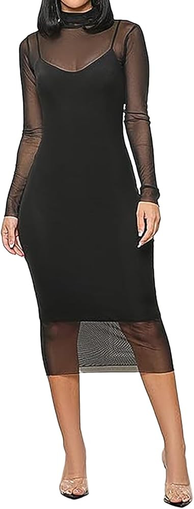 Atyfuniby Women's Sexy 3 Piece Outfits Mesh See Through Ruched Midi Dresses + Crop Tank Tops + Sk... | Amazon (US)