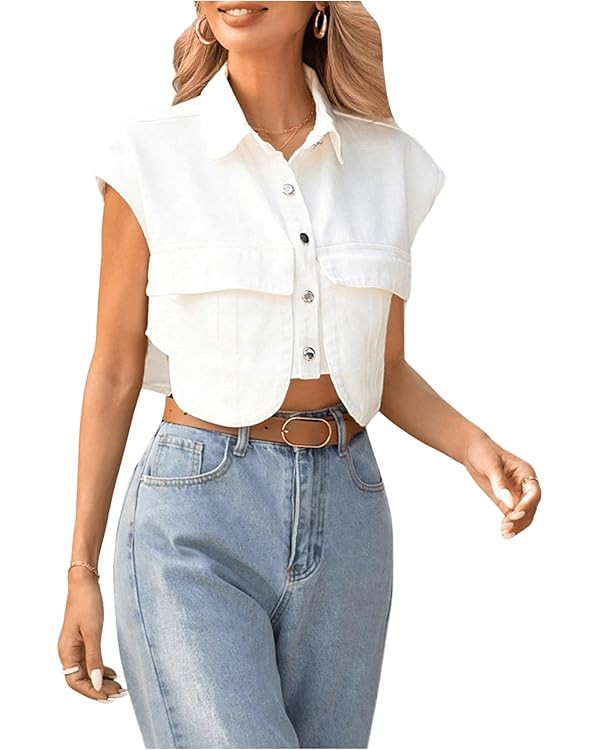 Floerns Women's Collared Neck Button Up Dolman Sleeve Cropped Blouses with Flap Pockets | Amazon (US)