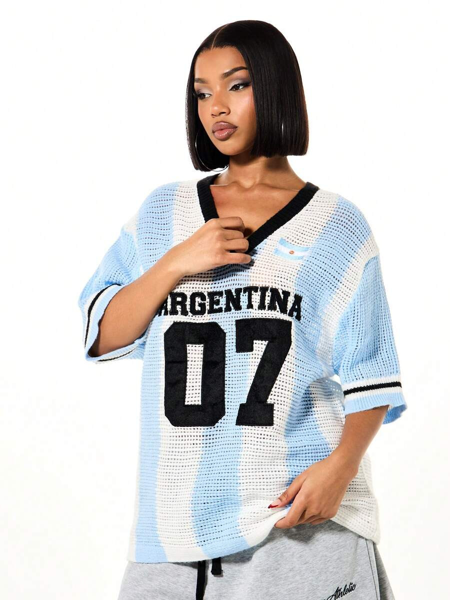 SUMWON WOMEN Argentina Flag Inspired Crochet Oversized V Neck Short Sleeve Summer Top With 07 Num... | SHEIN