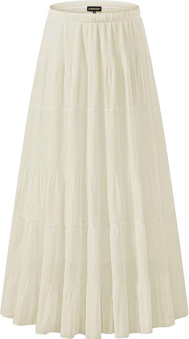 NASHALYLY Women's Chiffon Elastic High Waist Pleated A-Line Flared Maxi Skirts | Amazon (US)