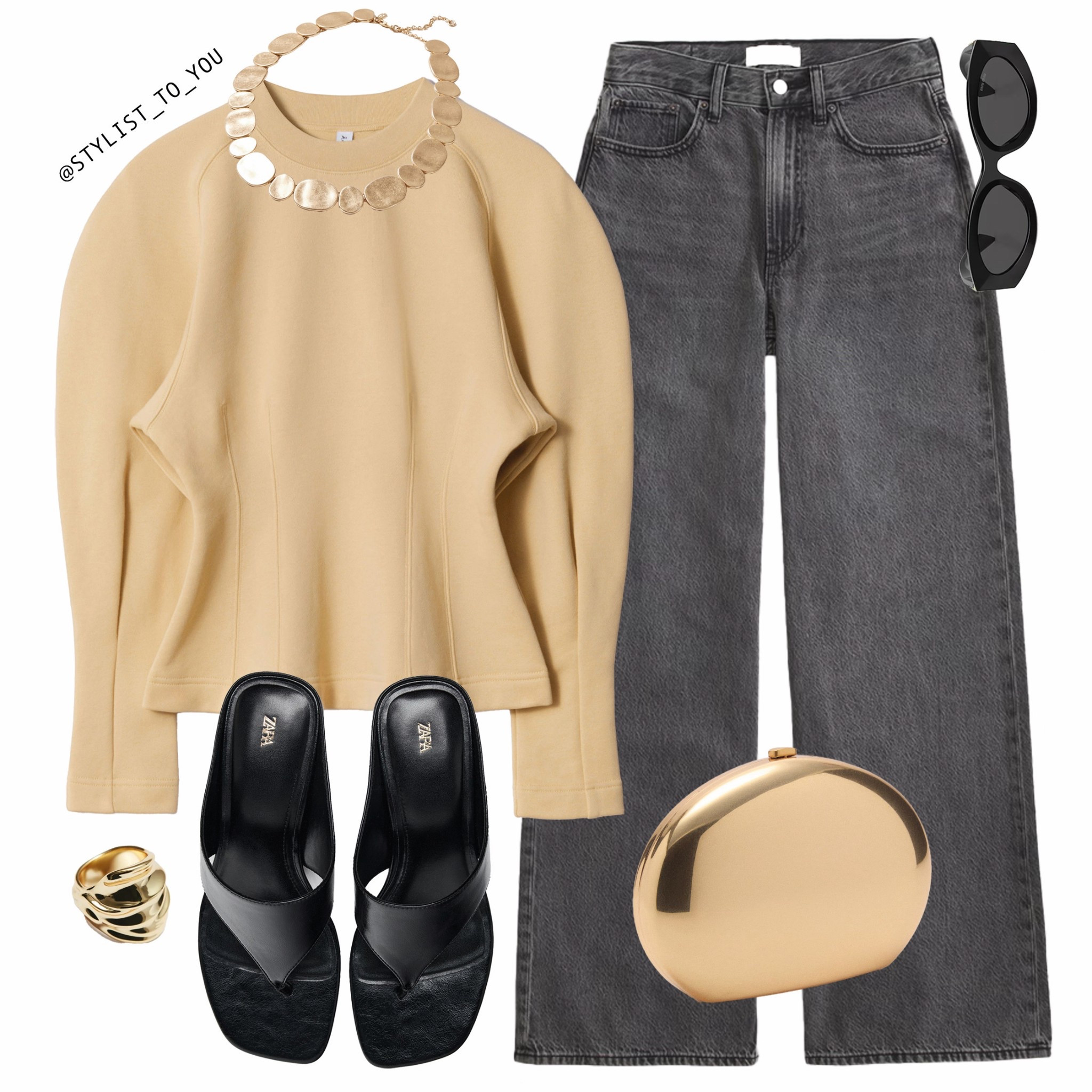 Golden hour 💛

Flat lay of a stylish neutral-toned outfit. Includes a butter yellow structured long-sleeve top paired with high-waisted washed black wide-leg jeans. Accessories feature a chunky gold statement necklace, gold textured ring, and a sleek gold clutch bag. Black square-toe flip flop heeled sandals and oversized black sunglasses complete the chic, minimalist look. Lemon, neutral fashion, chic outfit, minimalist style, gold accessories, flat lay fashion, modern wardrobe, stylish casual, elegant neutrals, seamed top, wide-leg jeans, statement necklace, black sandals, trendy accessories, capsule wardrobe, street style, effortless fashion, monochrome look, minimal jewellery, gold clutch, fashion inspo, timeless style, elevated basics, neutral aesthetic, classy casual, high-waisted jeans, trendy neutrals, gold details, everyday chic, fashion flat lay, style inspiration, smart casual outfit, black sunglasses, casual elegance, refined style, muted tones, modern chic, neutral tones, versatile fashion, gold jewelry, streetwear chic, sleek outfit, going out, on trend

#LTKuk #LTKeurope #LTKspring