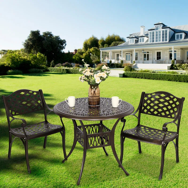 Baze 3 Piece Outdoor Patio Retro Round Cast Aluminum Dining Table and 2 Cast Aluminum Chairs Set | Wayfair North America