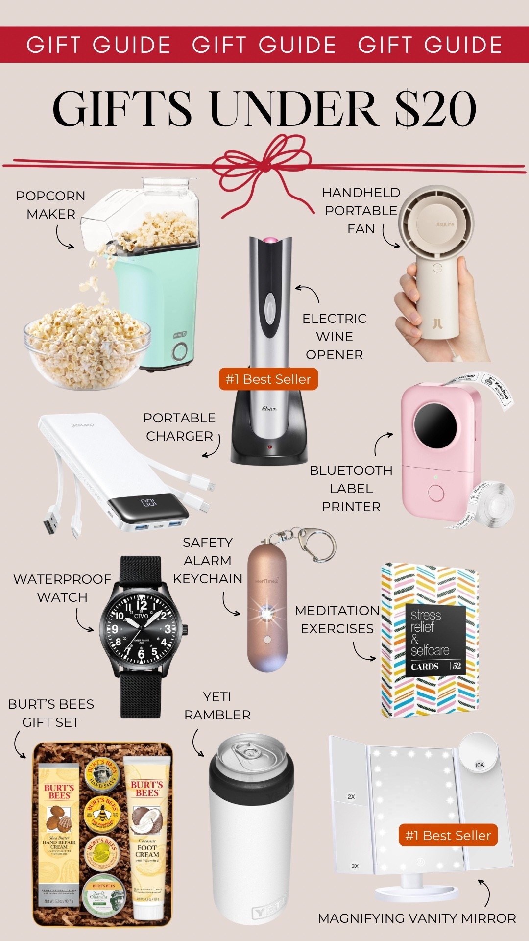 Gift ideas under $20 include a popcorn maker, electric wine opener, a handheld portable fan, portable charger, Bluetooth label printer, a waterproof watch, a safety alarm keychain, mediation exercise, Burt’s Bee gift set, a Yeti Rambler, and a magnifying vanity mirror.

Gifts for her, gifts for him, gift guide, gifts under 20, gifts under 50

#LTKGiftGuide #LTKHoliday #LTKFindsUnder50