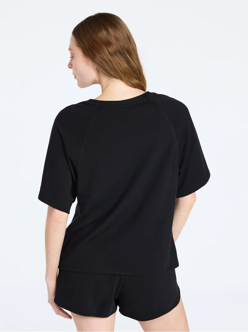 Joyspun Women's French Terry Lounge Sleep Short Sleeve Top and Shorts Set, 2-Piece, Sizes XS-3X | Walmart (US)