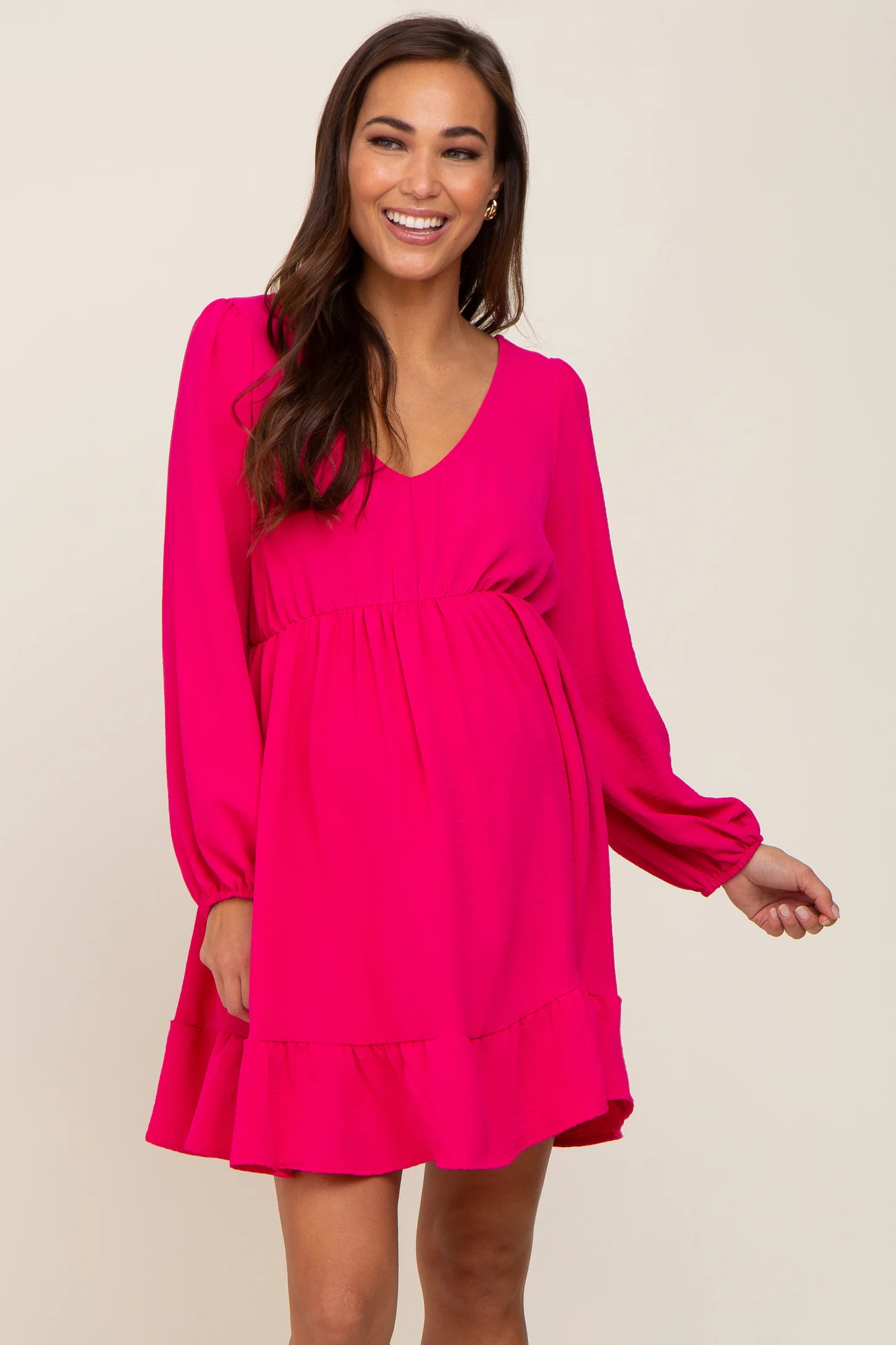 Fuchsia Long Sleeve Gathered Tier Maternity Dress | PinkBlush Maternity